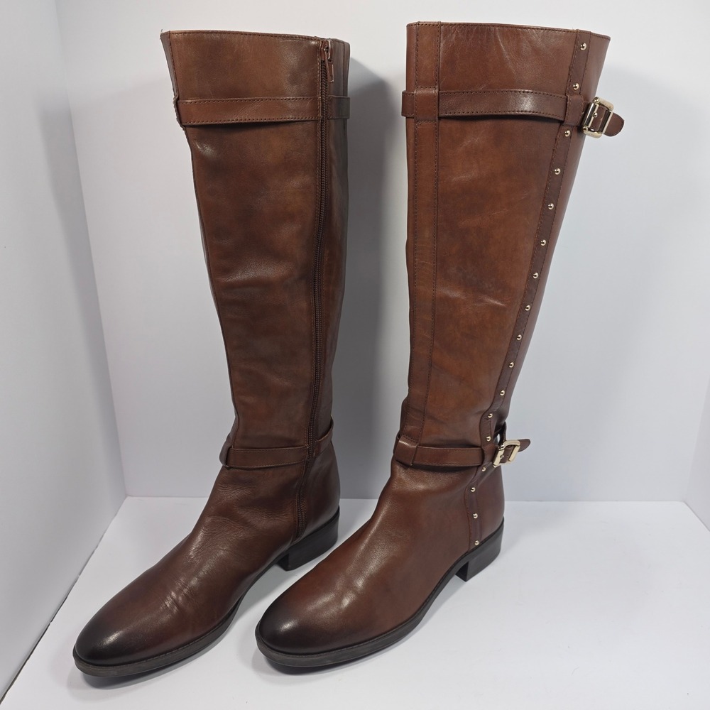 Vince Camuto Prexlee Riding Boots 8.5M Brown Leather Studded Tall Equestrian Y2K - Picture 3 of 9